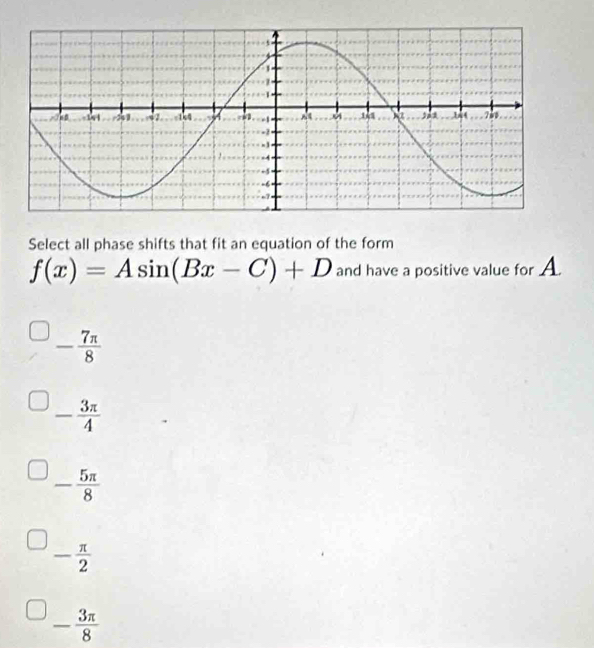 Select all phase shifts that fit an equation of the form
f(x)=Asin (Bx-C)+D and have a positive value for A
- 7π /8 
- 3π /4 
- 5π /8 
- π /2 
- 3π /8 