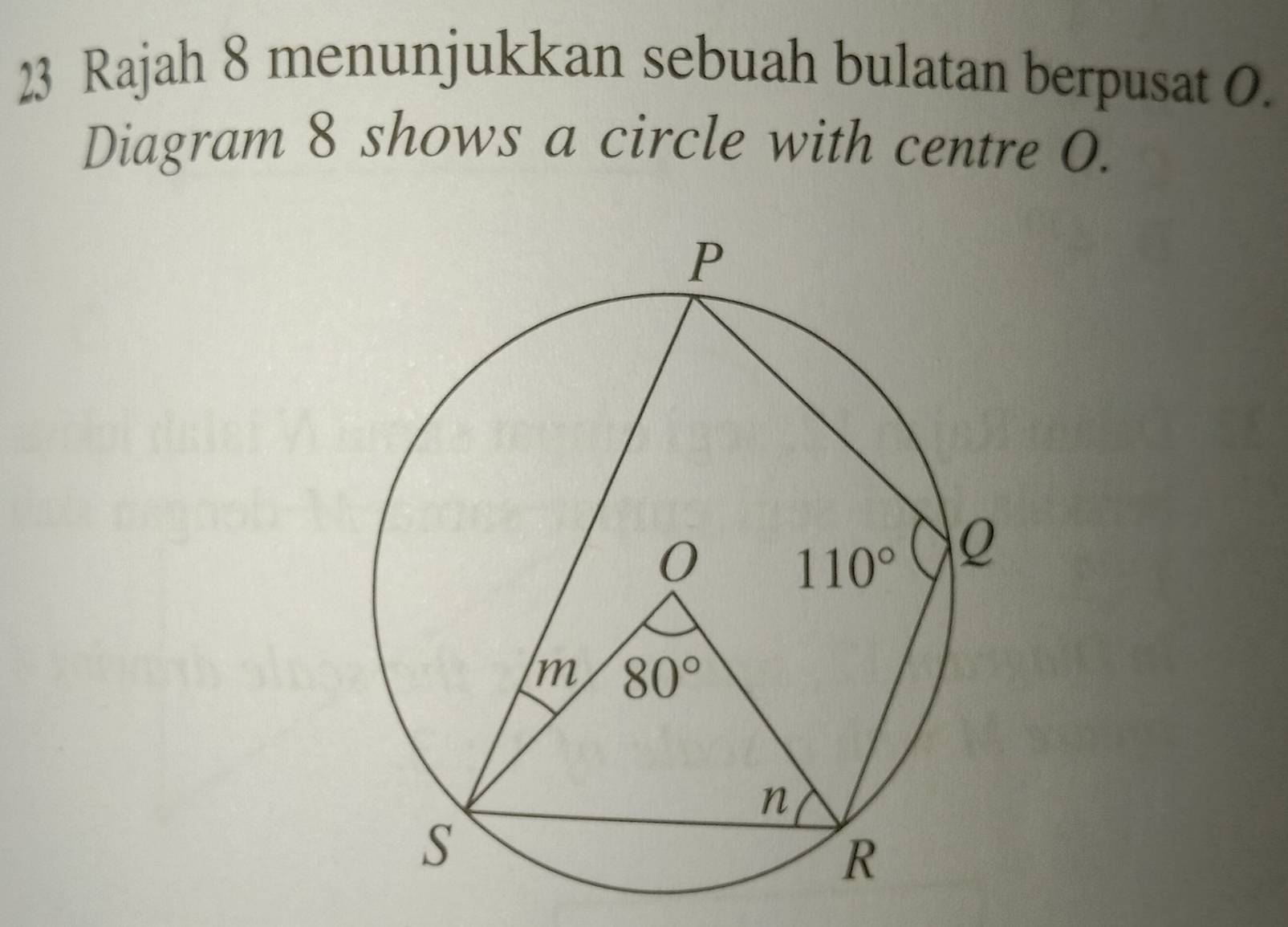 Rajah 8 menunjukkan sebuah bulatan berpusat 0.
Diagram 8 shows a circle with centre 0.