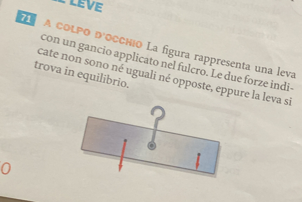 A cOLPO d'occhio La figura rappresenta una leva 
con un gancio applicato nel fulcro. Le due forze indi- 
trova in equilibrio. 
cate non sono né uguali né opposte, eppure la leva si 
a 
0