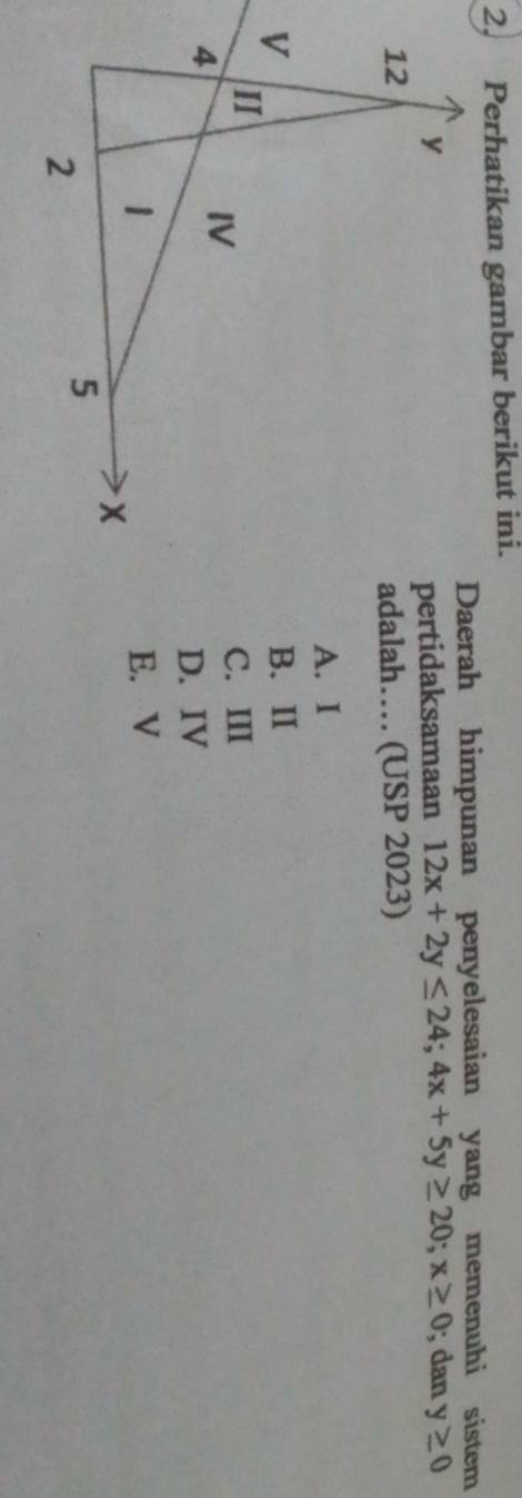 Perhatikan gambar berikut ini.
Daerah himpunan penyelesaian yang memenuhi sistem
pertidaksamaan 12x+2y≤ 24; 4x+5y≥ 20; x≥ 0; dan y≥ 0
adalah… (USP 2023)
A. I
B. ⅡI
C. III
D. IV
E. V