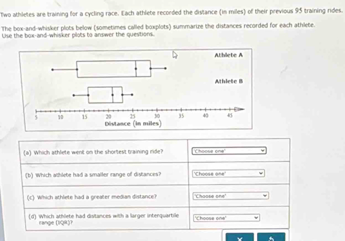 Two athletes are training for a cycling race. Each athlete recorded the distance (in miles) of their previous 95 training rides. 
The box-and-whisker plots below (sometimes called boxplots) summarize the distances recorded for each athlete. 
Use the box-and-whisker plots to answer the questions. 
(a) Which athlete went on the shortest training ride? 'Choose one' 
(b) Which athlete had a smaller range of distances? 'Choose one' 
(c) Which athlete had a greater median distance? 'Choose one' 
(d) Which athlete had distances with a larger interquartile 'Choose one' 
range (IQR)?