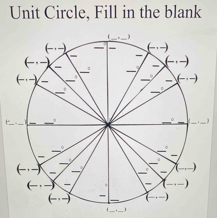 Unit Circle, Fill in the blank 
) 
(_ ,_ )