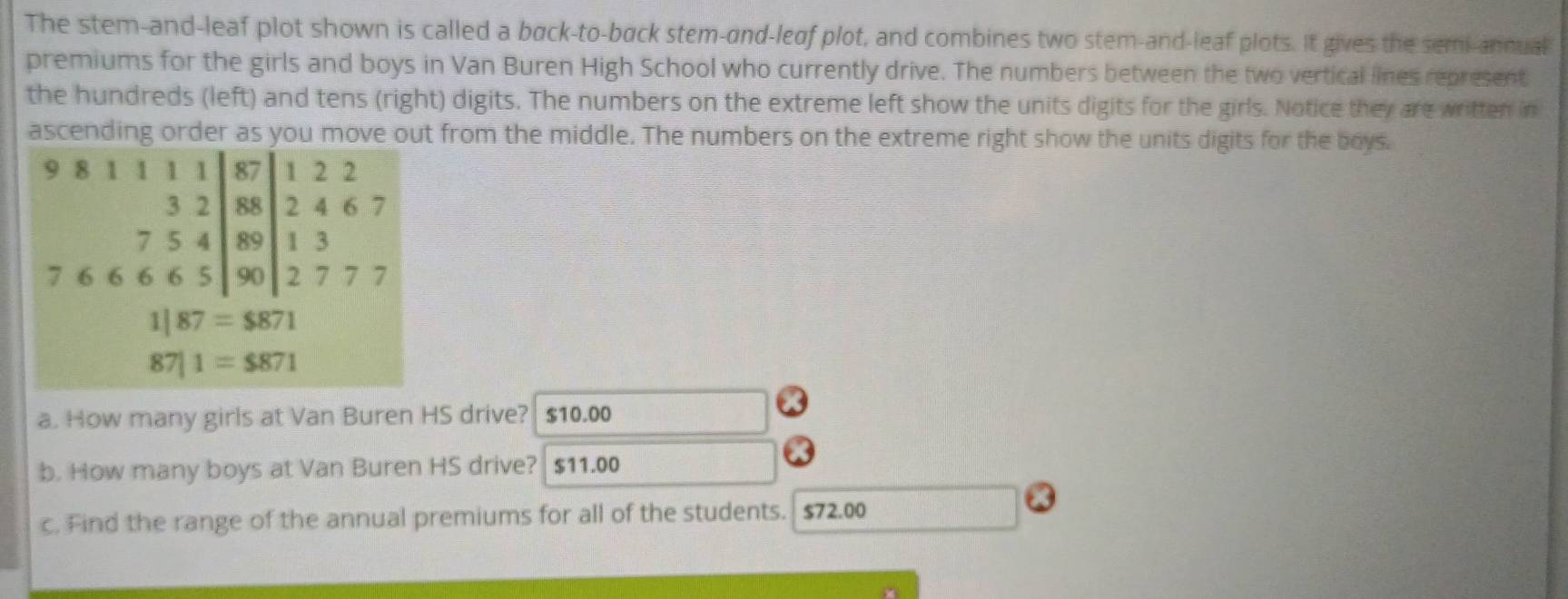 The stem-and-leaf plot shown is called a back-to-back stem-and-leaf plot, and combines two stem-and-leaf plots. It gives the semi-annual 
premiums for the girls and boys in Van Buren High School who currently drive. The numbers between the two vertical lines represent 
the hundreds (left) and tens (right) digits. The numbers on the extreme left show the units digits for the girls. Notice they are written in 
ascending order a out from the middle. The numbers on the extreme right show the units digits for the boys.
beginarrayr 9811111 32 7&6&6&6&5endvmatrix beginarrayr 87 887 766665|90|2777endarray
1|87=$871
87|1=$871
a. How many girls at Van Buren HS drive? $10.00
b. How many boys at Van Buren HS drive? $11.00
c. Find the range of the annual premiums for all of the students. $72.00