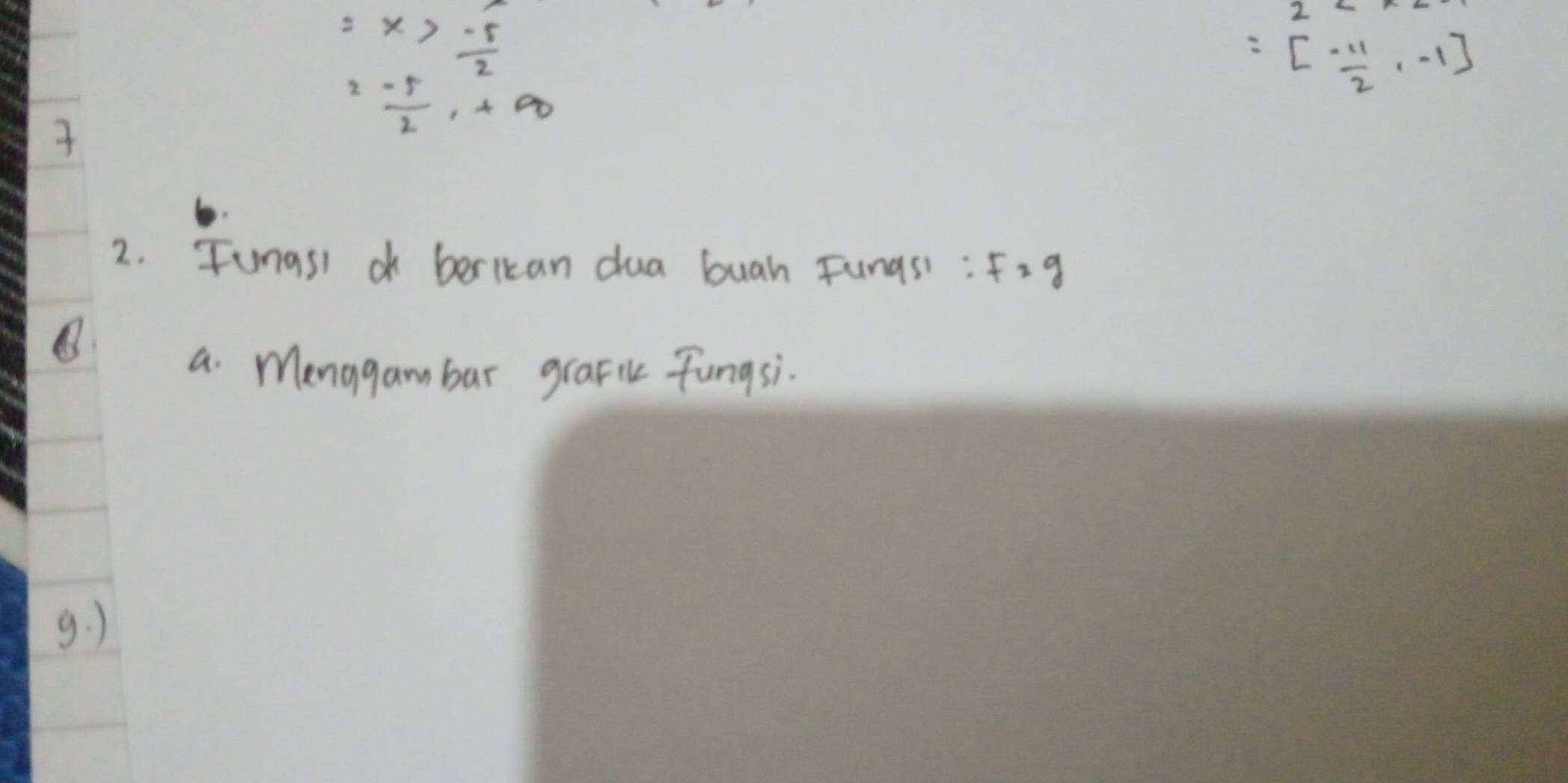 x>- 5/2 
=[- 11/2 ,-1]
2 (-5)/2 , +∈fty

2. Jungsi berican dua buah Fungsi: F= g 
a. Menggambar grafi Fungsi. 
9. )