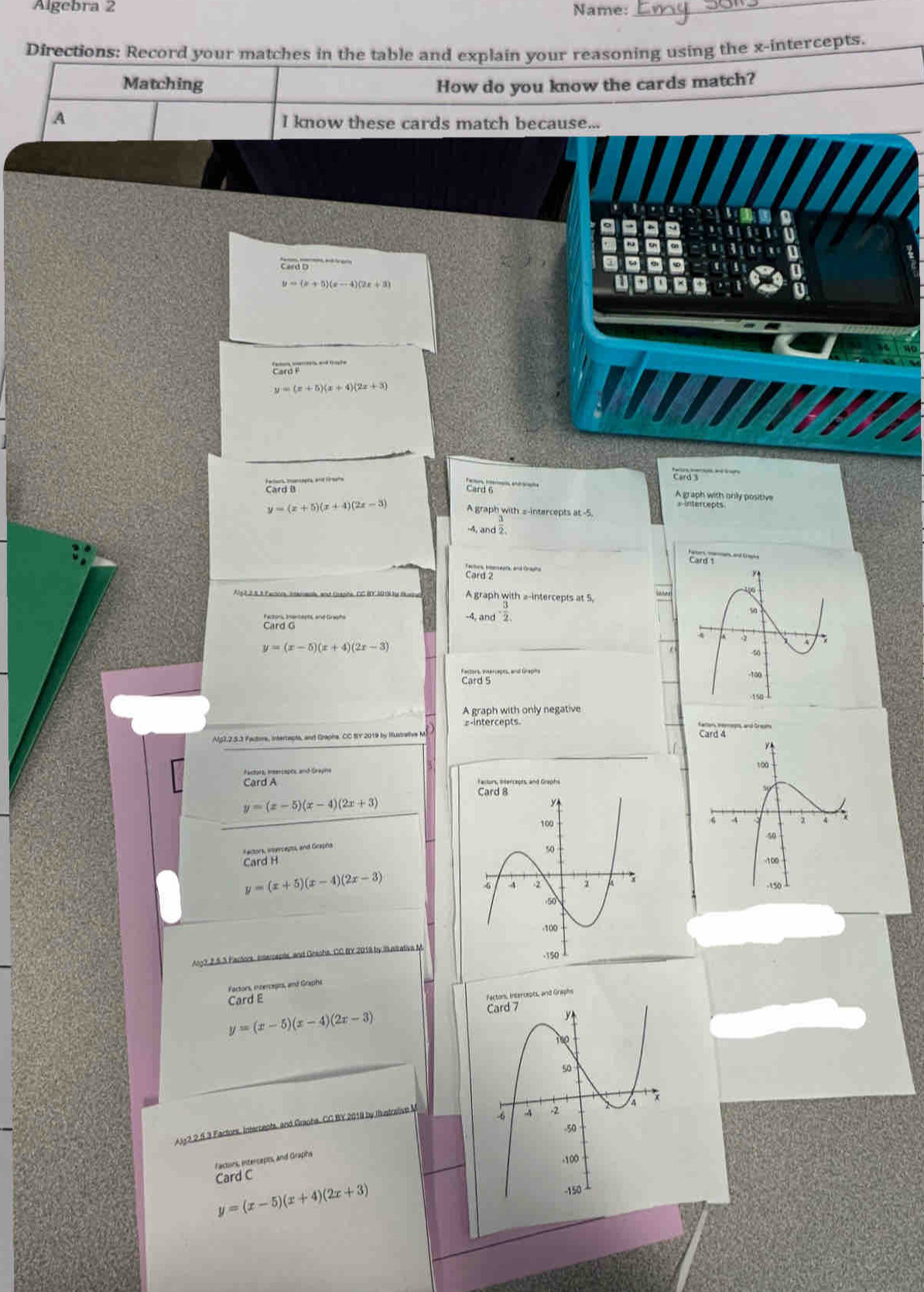 Algebra 2 Name:_
Directions: Record your matches in the table and explain your reasoning using the x-intercepts.
Matching How do you know the cards match?
A
I know these cards match because...
you
-
a
- 。 3 t = x 
c'rdo 
a a
U 9 a
y=(x+5)(x+4)(2x+3)
Ceds 
Card B ar 6' ' -- 
A graph with only positive
sintercepts
y=(x+5)(x+4)(2x-3) A graph with s-intercepts at -5
4, and 2
Card ''''', rana
s2,2 5 5 Femoe Iemenlle, and Graphe, CC BY 2016 is A graph with a-intercepts at 5
Factors, Imencests, and Grapha -4, nd^(· 3)2
y=(x-5)(x+4)(2x-3)
Factors, intercapes, and Graphs
Card 5
A graph with only negative
Rattion, meepts, and Gresm
Alg7,2.5.3 Factma, interrepts, and Grapha. CC SY 2019 by Hustralive M Card 4
y
100
Fáctars, Ineercepos and Graphe
Card A
y=(x-5)(x-4)(2x+3)
6 A
、
50
R acton, ineregs, and Grapto
Card H-100
y=(x+5)(x-4)(2x-3)
-150
Ang? 2.5.3 Facton intercepts, and Gesohs, CC BY 2019 by I alative M
Factors, interceps, and Graphe
Card E
y=(x-5)(x-4)(2x-3)
A y 2 2 5 3 Factors, Intercents, and Grapha, CC BY 2018 by Istrative N
Facurs, intercapts, and Graphs
Card C
y=(x-5)(x+4)(2x+3)