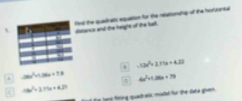 Pnil the quelratic equation for the relationshig of the horzonial 
η datance and the height of the bell. 
. -12x^2=271x+4.22
-26x^2+126x+78
4x^2+1.06x+79
-10x^2+279x+421
he bed feing quadralic modd fo the data gun .