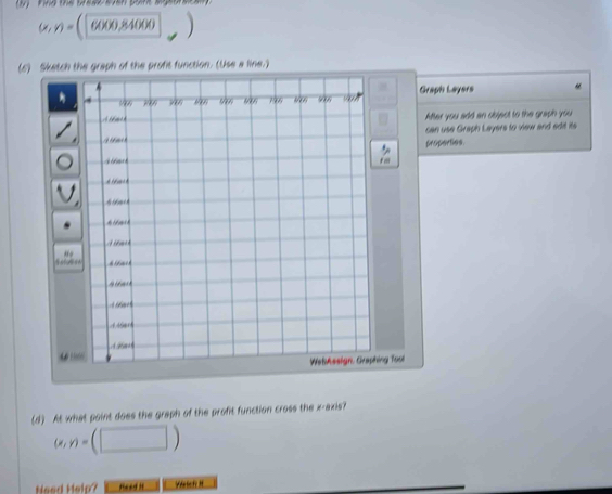 rnd the brese sven pane sigeorsca
(x,y)= 6000,54000
(6) Sketch the graph of the profit function. (Use a line.)
Graph Layers
After you add an object to the graph you
can use Graph Layers to view and edit its
properties.
ool
(d) At what point does the graph of the profit function cross the x-axis?
(x,y)=
Need Help? Reed it Viriech H