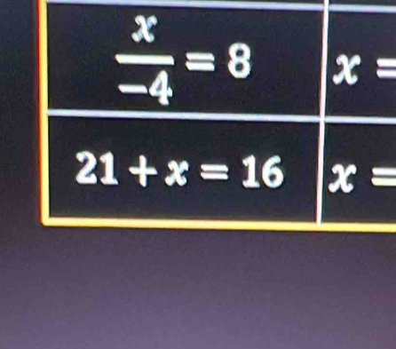  x/-4 =8 x=
21+x=16 x=