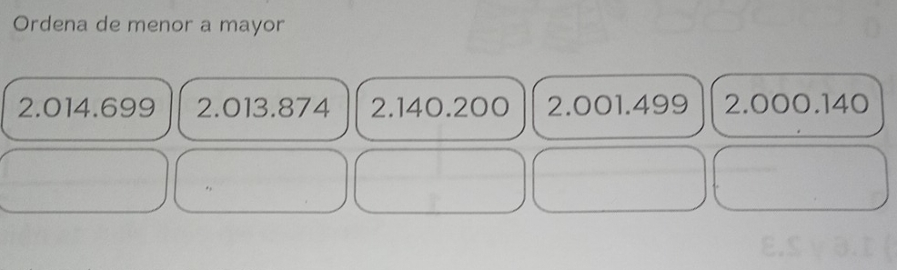 Ordena de menor a mayor
2.014.699 2.013.874 2.140.200 2.001.499 2.000.140