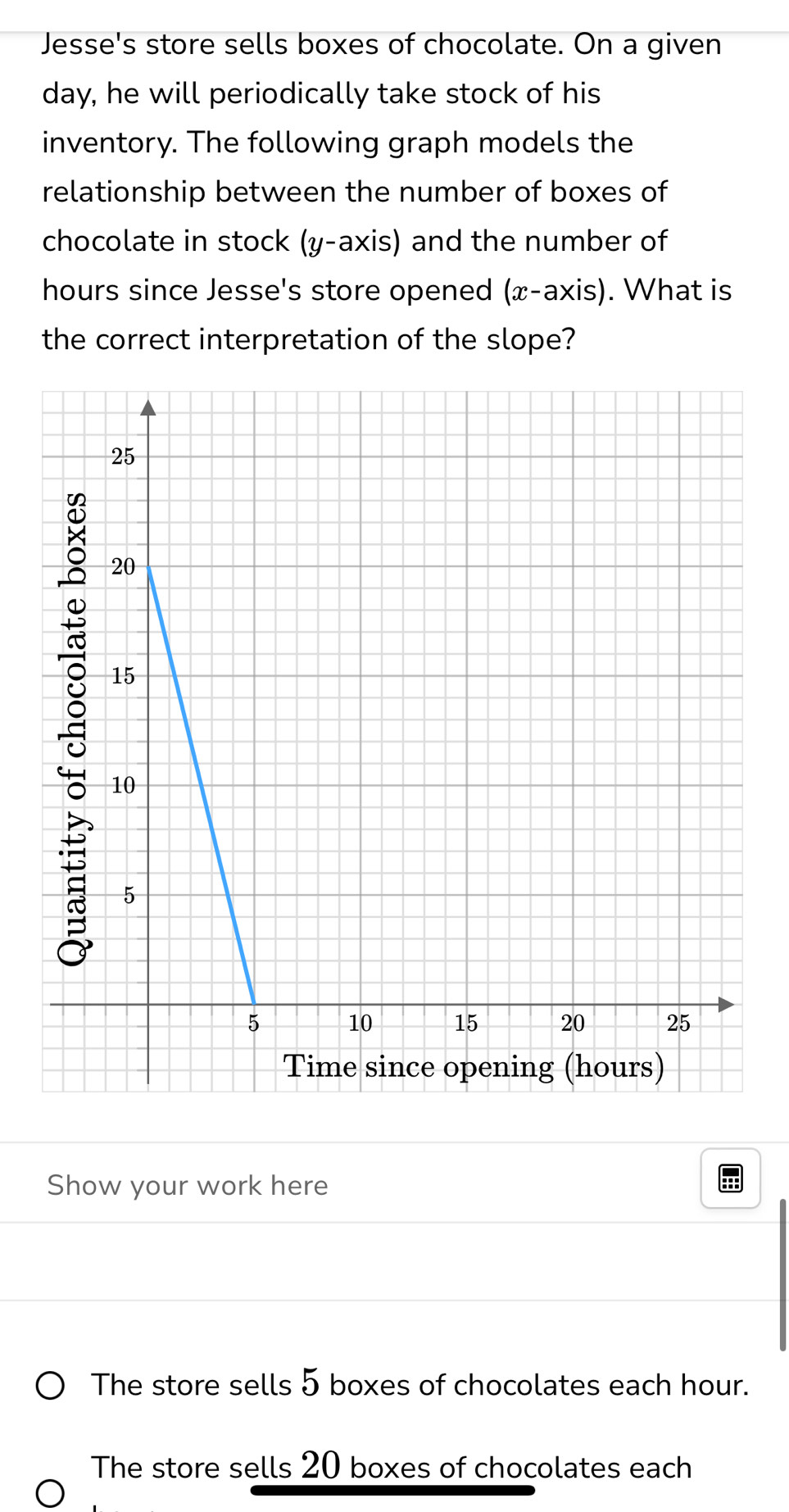 Jesse's store sells boxes of chocolate. On a given
day, he will periodically take stock of his
inventory. The following graph models the
relationship between the number of boxes of
chocolate in stock (y-axis) ) and the number of
hours since Jesse's store opened (x-axis). What is
the correct interpretation of the slope?
Show your work here
The store sells 5 boxes of chocolates each hour.
The store sells 20 boxes of chocolates each