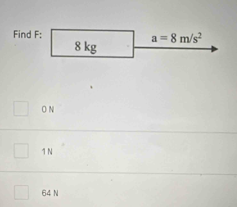 Find F :
a=8m/s^2
8 kg
O N
1 N
64 N