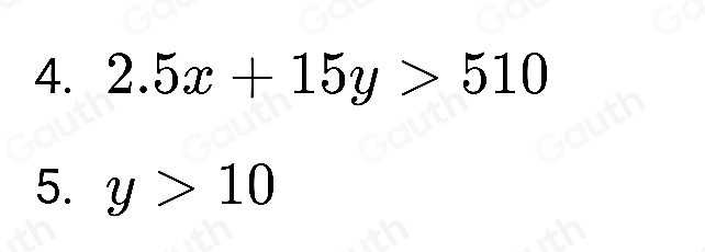 4. 2.5x+15y>510
5. y>10