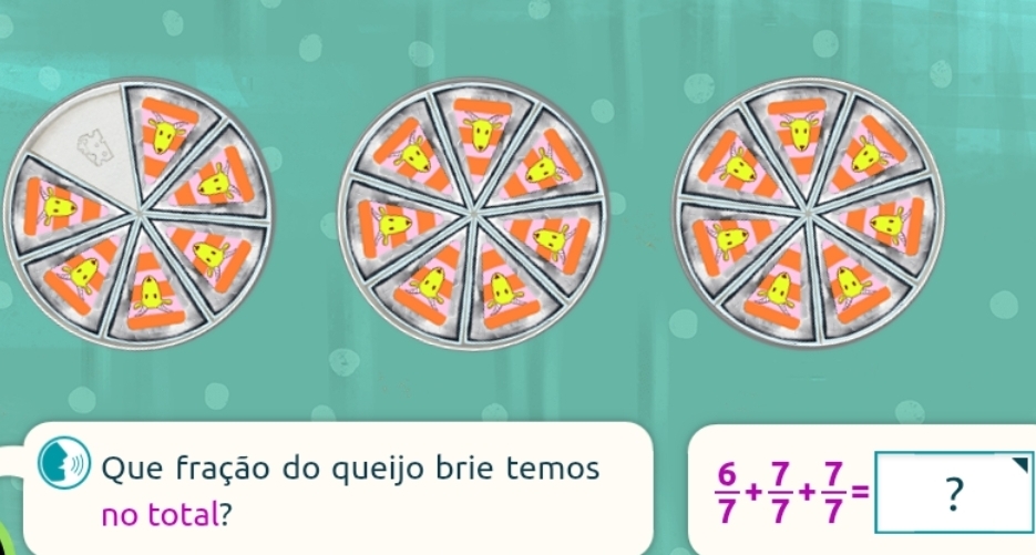 Que fração do queijo brie temos 
no total?
 6/7 + 7/7 + 7/7 =□ ?