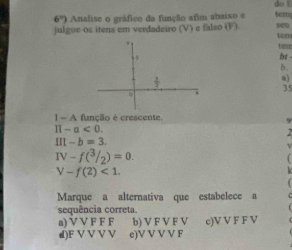 do ǐ
6°) Analise o gráfico da função afim abaixo e tem
julgue os itens em verdadeiro (V) e falso (F). sen
tem
tem
bt .
b.
a)
35
1 = A função é crescente.
9
π -a<0.
2
III-b=3.
ν
IV-f(^3/_2)=0.

V-f(2)<1.
k
Marque a alternativa que estabelece a C
sequência correta.
a) V V F F F b) V F V F V c)V V F F V
d)F V V V V e)V V V V F