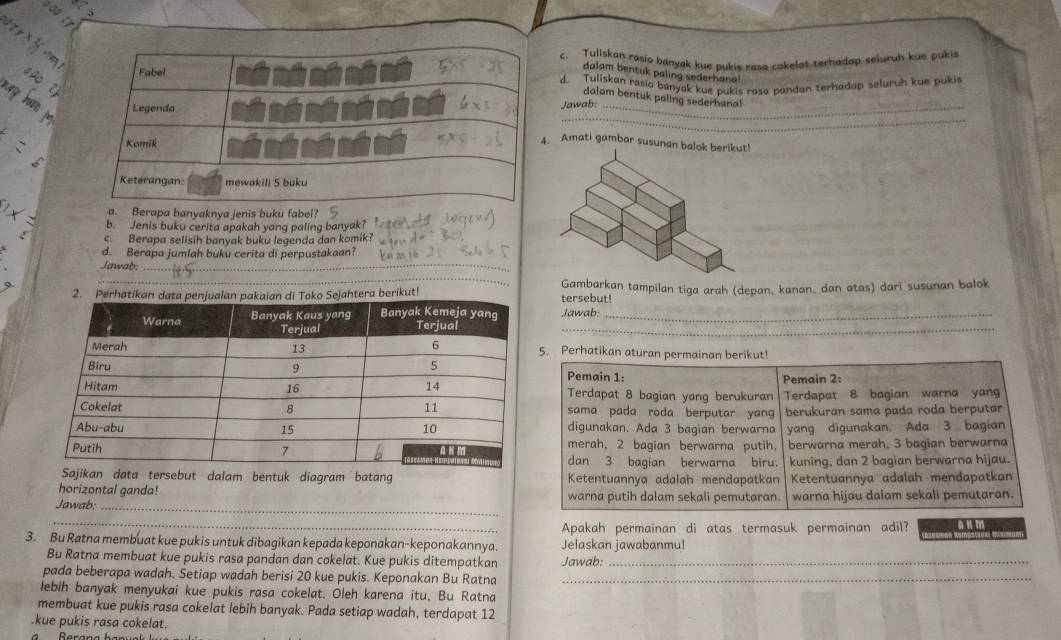 Tuliskan rasio banyak kue pukis rasa cokelat terhadap seluruh kue pukis
dalam bentuk paling sederhana!
d. Tuliskan rasio banyak kue pukis rasa pandan terhadap seluruh kue pukis
dalam bentuk paling sederhana!
_
Jawab:_
Amati gambar susunan balok 
a. Berapa banyaknya jenis buku fabel?
b. Jenis buku cerita apakah yang paling banyak?
c. Berapa selisih banyak buku legenda dan komik?
d. Berapa jumlah buku cerita di perpustakaan?
Jawab;
_
_
ikut!tersebut! Gambarkan tampilan tiga arah (depan, kanan, dan atas) dari susunan balok
Jawab:_
_
5. Perhatikan aturan permainan berikut!
Pemain 1: Pemain 2:
Terdapat 8 bagian yang berukuran Terdapat 8 bagian warna yang
sama pada roda berputar yang berukuran sama pada roda berputar
digunakan. Ada 3 bagian berwarna yang digunakan. Ada 3 bagian
merah, 2 bagian berwarna putih. berwarna merah, 3 bagian berwarna
dan 3 baqian berwarna biru.
n data tersebut dalam bentuk diagram batang Ketentuannya adalah mendapatkan kuning, dan 2 bagian berwarna hijau.
horizontal ganda!  Ketentuannya adalah mendapatkan
_
Jawab: warna putih dalam sekali pemutaran. warna hijau dalam sekali pemutaran.
_
Apakah permainan di atas termasuk permainan adil? aut
3. Bu Ratna membuat kue pukis untuk dibagikan kepada keponakan-keponakannya. Jelaskan jawabanmu!
Bu Ratna membuat kue pukis rasa pandan dan cokelat. Kue pukis ditempatkan Jawab:_
pada beberapa wadah. Setiap wadah berisi 20 kue pukis. Keponakan Bu Ratna_
lebih banyak menyukai kue pukis rasa cokelat. Oleh karena itu, Bu Ratna
membuat kue pukis rasa cokelat lebih banyak. Pada setiap wadah, terdapat 12
.kue pukis rasa cokelat.