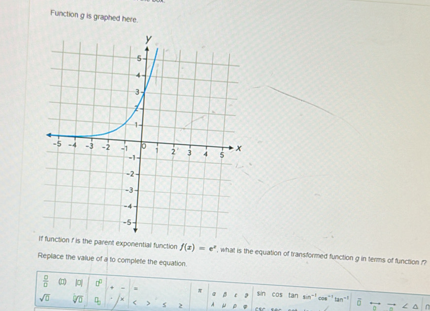 Function g is graphed here. 
nction f(x)=e^x , what is the equation of transformed function g in terms of function f? 
Replace the value of a to complete the equation. 
 □ /□   () |0| □^(□) + = a beta ε 9 sin cos tan sin^(-1)cos^(-1)tan^(-1) overline □ 
π
sqrt(□ ) sqrt[□](□ ) □ _□  x < > 2 A μ ρ 
vector n