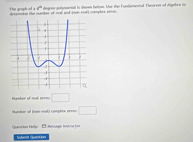 The graph of a 4^(th) degree polynomial is shown below. Use the Fundamental Theorem of Algebra to 
determine the number of real and (non-real) complex zeros. 
Number of real zeros: 
Number of (non-real) complex zeros: 
Question Help: Message instructor 
Submit Question