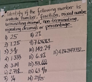 Identify if the following number is 
awhole number, fraction, mixed number, 
terminating decimal, non-terminating, 
repeating decimals or percentage. 
25 ⑧ 29.
21. 25 9) 7. 636363. . 
3) 3 4/5  (0) 142. 24
A) 1.overline 333 (16. 81. 15) 4. 1562547332. 
5) 3. 14 (2) 53.overline 666
(6 ) 2. 718. .. (3) 634
=) 1 14) 23125