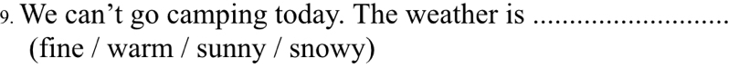 We can’t go camping today. The weather is_ 
(fine / warm / sunny / snowy)