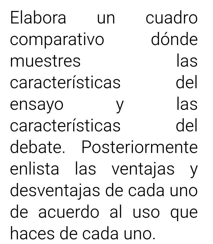 Elabora un cuadro 
comparativo dónde 
muestres las 
características del 
ensayo y las 
características del 
debate. Posteriormente 
enlista las ventajas y 
desventajas de cada uno 
de acuerdo al uso que 
haces de cada uno.