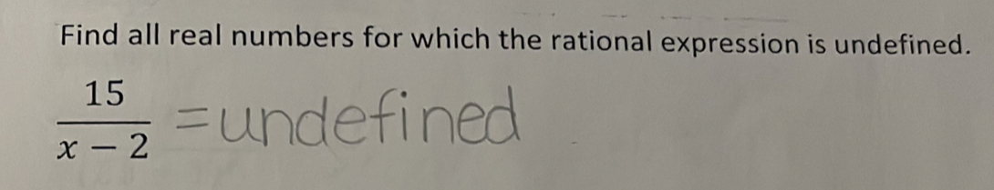 Find all real numbers for which the rational expression is undefined.
 15/x-2 