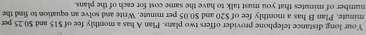 Your long distance telephone provider offers two plans. Plan A has a monthly fee of $15 and $0.25 per
minute. Plan B has a monthly fee of $20 and $0.05 per minute, Write and solve an equation to find the 
number of minutes that you must talk to have the same cost for each of the plans.