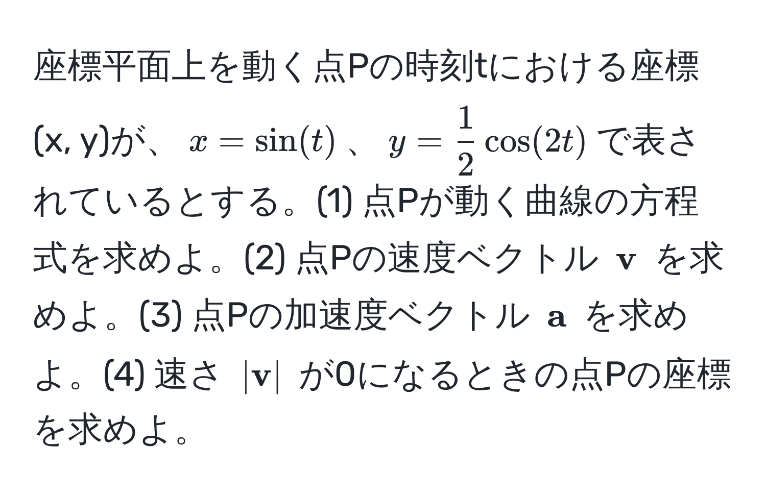 座標平面上を動く点Pの時刻tにおける座標(x, y)が、$x = sin(t)$、$y =  1/2  cos(2t)$で表されているとする。(1) 点Pが動く曲線の方程式を求めよ。(2) 点Pの速度ベクトル $ v$ を求めよ。(3) 点Pの加速度ベクトル $ a$ を求めよ。(4) 速さ $| v|$ が0になるときの点Pの座標を求めよ。