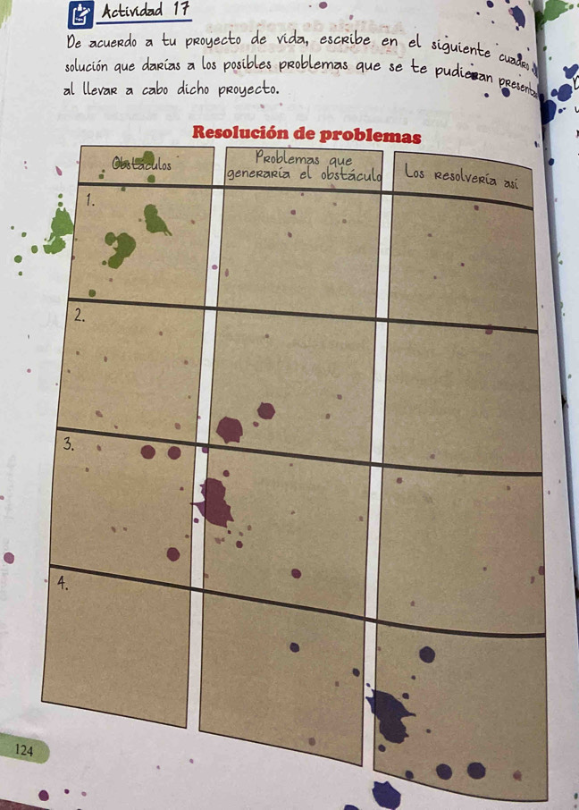 Actividad 17 
De acuerdo a tu proyecto de vida, escribe en el siguiente cuado e 
solución que darías a los posibles problemas que se te pudieran present 
al llevar a cabo dicho proyecto.
124