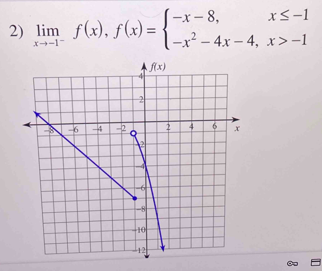 limlimits _xto -1^-f(x),f(x)=beginarrayl -x-8,x≤ -1 -x^2-4x-4,x>-1endarray.