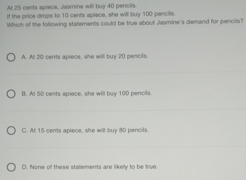 At 25 cents apiece, Jasmine will buy 40 pencils.
If the price drops to 10 cents apiece, she will buy 100 pencils.
Which of the following statements could be true about Jasmine's demand for pencils?
A. At 20 cents apiece, she will buy 20 pencils.
B. At 50 cents apiece, she will buy 100 pencils.
C. At 15 cents apiece, she will buy 80 pencils.
D. None of these statements are likely to be true.