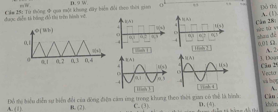 mW. D. 9 W.
Câu 25: Từ thông Φ qua một khung dây biến đồi theo thời gian O 0.5 1.0 t(s) Đồ thị
A. (1)
được diễn tả bằng đồ thị trên hình vẽ.
Câu 28:
sức từ vị
 
nhau đề
0,01Ω.
Hình 1 
A.2
3. Doạn
Câu 29
Vecto
và hợp
A.
Đồ thị biểu diễn sự biến đổi của dòng điện cảm ứng trong khung theo thời gian có thể là hình:  Câu
A. (1). B. (2). C. (3).
D. (4). khôn
tiễn tả bằng đồ thị