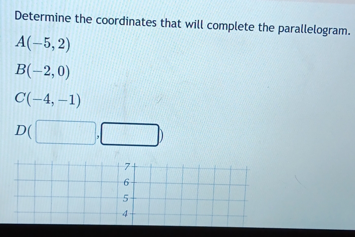 Determine the coordinates that will complete the parallelogram.
A(-5,2)
B(-2,0)
C(-4,-1)
D(□ ,□ )
7
6
5
4