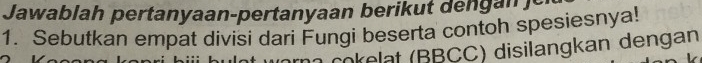 Jawablah pertanyaan-pertanyaan berik ut d n n 
1. Sebutkan empat divisi dari Fungi beserta contoh spesiesnya! 
cokelat (BBCC) disilangkan dengan