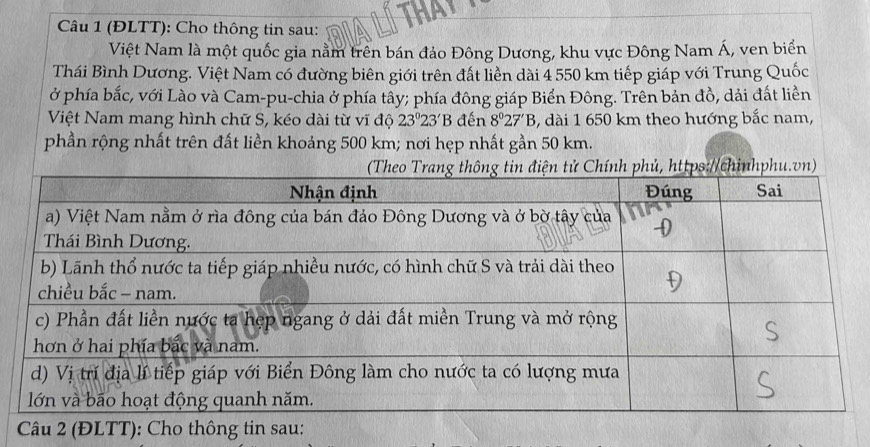 (ĐLTT): Cho thông tin sau: 
Việt Nam là một quốc gia nằm trên bán đảo Đông Dương, khu vực Đông Nam Á, ven biển 
Thái Bình Dương. Việt Nam có đường biên giới trên đất liền dài 4 550 km tiếp giáp với Trung Quốc 
ở phía bắc, với Lào và Cam-pu-chia ở phía tây; phía đông giáp Biển Đông. Trên bản đồ, dải đất liền 
Việt Nam mang hình chữ S, kéo dài từ vĩ độ 23°23'B đến 8°27'B dài 1 650 km theo hướng bắc nam, 
phần rộng nhất trên đất liền khoảng 500 km; nơi hẹp nhất gần 50 km. 
ph