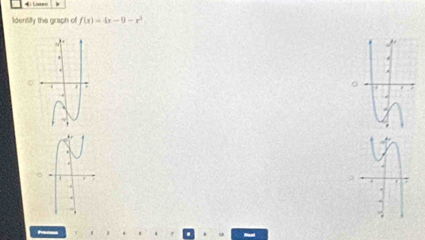 Listen 
Identify the graph of f(x)=4x-9-x^3
。 
Preutous