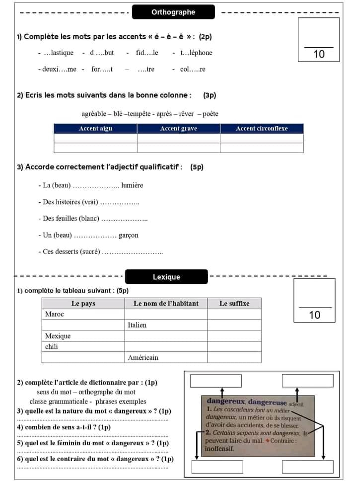 Orthographe 
1) Complète les mots par les accents « é - è - ê » : (2p) 
- … lastique - d …but fid…le - t. léphone 10 
- deuxi…me - for. t _.tre col……re 
2) Ecris les mots suivants dans la bonne colonne: (3p) 
agréable - blé -tempête - après - rêver - poète 
3) Accorde correctement l’adjectif qualificatif : (5p) 
- La (beau)_ lumière 
- Des histoires (vrai)_ 
- Des feuilles (blanc)_ 
- Un (beau) _garçon 
- Ces desserts (sucré)_ 
Lexique 
1) complète le tableau suivant : (5p) 
10 
2) complète l’article de dictionnaire par : (1p) 
sens du mot - orthographe du mot 
classe grammaticale - phrases exemples dangereux, dangereuse adecut 
1. Les cascadeurs font un métier 
3) quelle est la nature du mot « dangereux » ? (1p) dangereux, un métier où ils risquent 
d'avoir des accidents, de se blesser. 
4) combien de sens a-t-il ? (1p) 2. Certains serpents sont dangereux, ils 
5) quel est le féminin du mot « dangereux » ? (1p) inoffensif. peuvent faire du mal. ◆ Contraire : 
_ 
6) quel est le contraire du mot « dangereux » ? (1p)