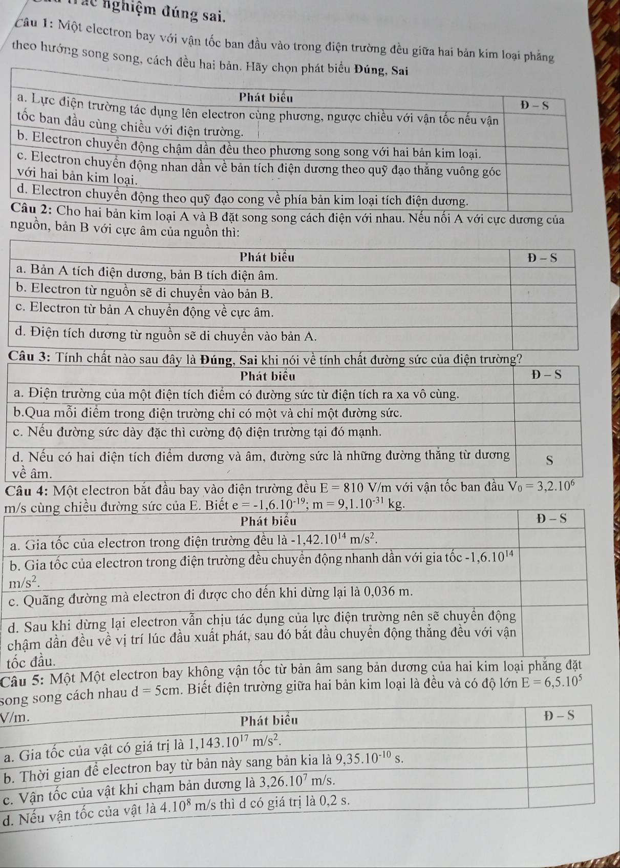 Trác nghiệm đúng sai.
Câu 1: Một electron bay với vận tốc ban đầu vào trong điện trường đều giữa hai bản kim loại phẳng
theo hướng song song, cách
ong song cách điện với nhau. Nếu nối A với cực dương của
nguồn, bản B với cực âm của nguồn thì:
Phát biểu D-S
a. Bản A tích điện dương, bản B tích điện âm.
b. Electron từ nguồn sẽ di chuyển vào bản B.
c. Electron từ bản A chuyền động về cực âm.
d. Điện tích dương từ nguồn sẽ di chuyền vào bản A.
Câu 3: Tính chất nào sau đây là Đúng, Sai khi nói về tính chất đường sức của điện trường?
Phát biểu D - S
a. Điện trường của một điện tích điểm có đường sức từ điện tích ra xa vô cùng.
b.Qua mỗi điểm trong điện trường chỉ có một và chỉ một đường sức.
c. Nếu đường sức dày đặc thì cường độ điện trường tại đó mạnh.
d. Nếu có hai điện tích điểm dương và âm, đường sức là những đường thắng từ dương S
về âm.
Câu 4: Một electron bắt đầu bay vào điện trường đều E=810 V/m với vận tốc ban đầu V_0=3,2.10^6
m/s cùng chiều đường sức của E. Biết e=-1,6.10^(-19);m=9,1.10^(-31)kg.
Phát biểu D - S
a. Gia tốc của electron trong điện trường đều 1a-1,42.10^(14)m/s^2.
b. Gia tốc của electron trong điện trường đều chuyển động nhanh dần với gia tốc -1,6.10^(14)
m/s^2.
c. Quãng đường mà electron đi được cho đến khi dừng lại là 0,036 m.
d. Sau khi dừng lại electron vẫn chịu tác dụng của lực điện trường nên sẽ chuyền động
chậm dần đều về vị trí lúc đầu xuất phát, sau đó bắt đầu chuyển động thắng đều với vận
tốc đầu.
Câu 5: Một Một electron bay khộng vận tốc từ bản âm sang bản dương của hai kim loại phăng đặt
s cách nhau d=5cm 1. Biết điện trường giữa hai bản kim loại là đều và có độ lớn E=6,5.10^5
V
a
b
c
d