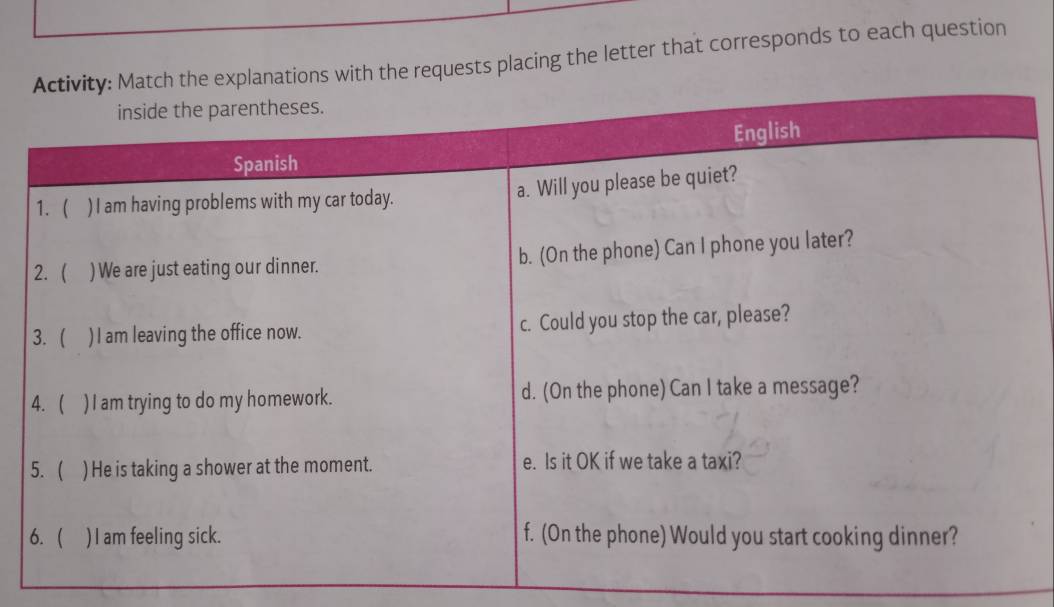 ons with the requests placing the letter that corresponds to each question