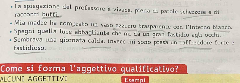 La spiegazione del professore è vivace, piena di parole scherzose e di 
racconti buffi. 
Mia madre ha comprato un vaso azzurro trasparente con l’interno bianco. 
Spegni quella luce abbagliante che mi dà un gran fastidio agli occhi. 
Sembrava una giornata calda, invece mi sono presa un raffreddore forte e 
fastidioso. 
Come si forma l’aggettivo qualificativo? 
ALCUNI AGGETTIVI Esempi