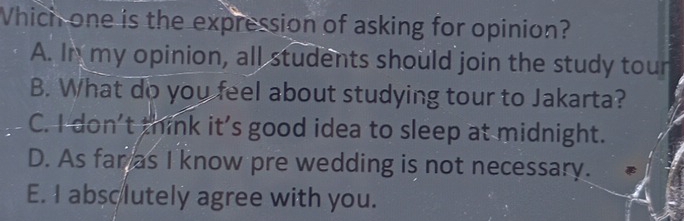 Which one is the expression of asking for opinion?
A. In my opinion, all students should join the study tour
B. What do you feel about studying tour to Jakarta?
C. I don't think it's good idea to sleep at midnight.
D. As fam as I know pre wedding is not necessary.
E. I absclutely agree with you.