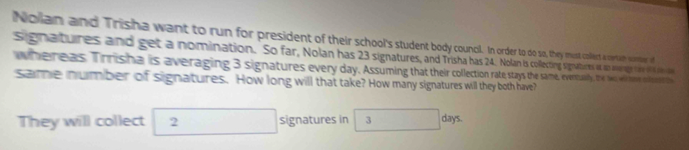 Nolian and Trisha want to run for president of their school's student body counil. In oder to oso, they must collect a certih soter if 
signatures and get a nomination. So far, Nolan has 23 signatures, and Trisha has 24. Nolan is coecting signatures at no alveray tor o pin de 
whereas Trrisha is averaging 3 signatures every day. Assuming that their collectionaythe me, evertually, the tw wil hae co ns the 
same number of signatures. How long will that take? How many signatures will they both have? 
They will collect 2 signatures in 3 days.