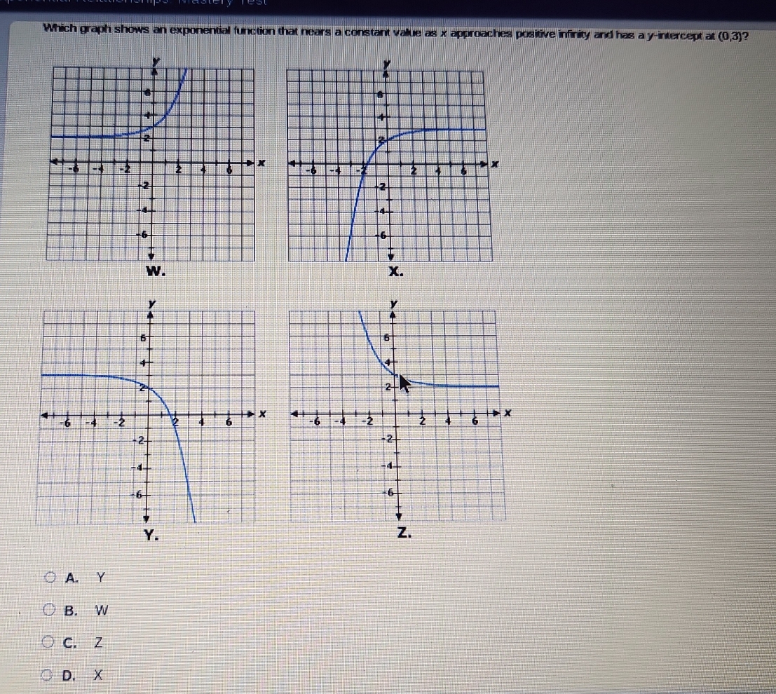 Which graph shows an exponential function that nears a constant value as x approaches positive infinity and has a y-intercept at (0,3) ?
A. Y
B. W
C. Z
D. X