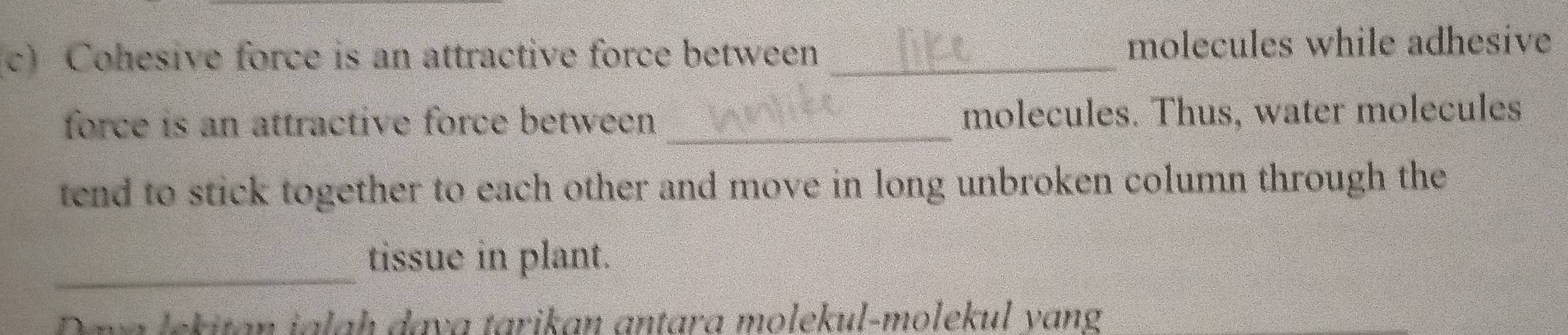 Cohesive force is an attractive force between _molecules while adhesive 
force is an attractive force between _molecules. Thus, water molecules 
tend to stick together to each other and move in long unbroken column through the 
_ 
tissue in plant. 
Dava İekitan ialaḥ dava tarikan antara molekul-molekul vạng