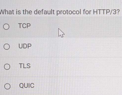 Selesai:What is the default protocol for HTTP/3? TCP UDP TLS QUIC