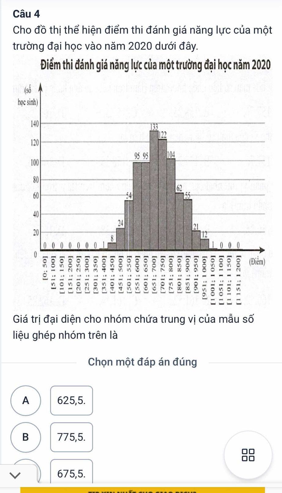 Cho đồ thị thể hiện điểm thi đánh giá năng lực của một
trường đại học vào năm 2020 dưới đây.
Điểm thi đánh giá năng lực của một trường đại học năm 2020
Giá trị đại diện cho nhóm chứa trung vị của mẫu số
liệu ghép nhóm trên là
Chọn một đáp án đúng
A 625,5.
B 775, 5.
675, 5.