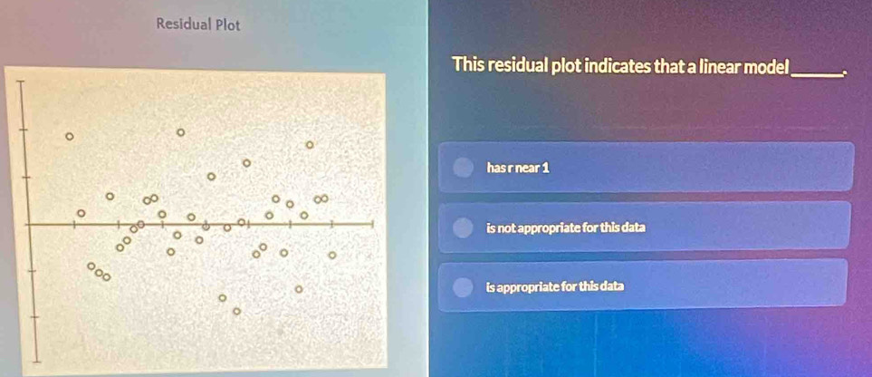 Residual Plot
This residual plot indicates that a linear model_
has r near 1
is not appropriate for this data
is appropriate for this data