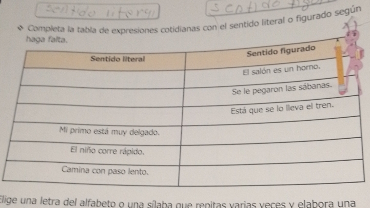 Completa la tabla de expresiones cotidianas con el sentido literal o figurado según 
Elige una letra del alfabeto o una sílaba que repitas varias veces y elabora una