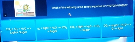 Which of the following is the correct equation for PHOTOSYNTHESIS?
CO_2+sugar+H_2Oto
CO_2+O_2+ =□^e oa+Ikght+H_2Oto CO_2CO_2+Hght+H_2Oto O_2 + Sugar a+llg htlg ht
Light+ Sugar