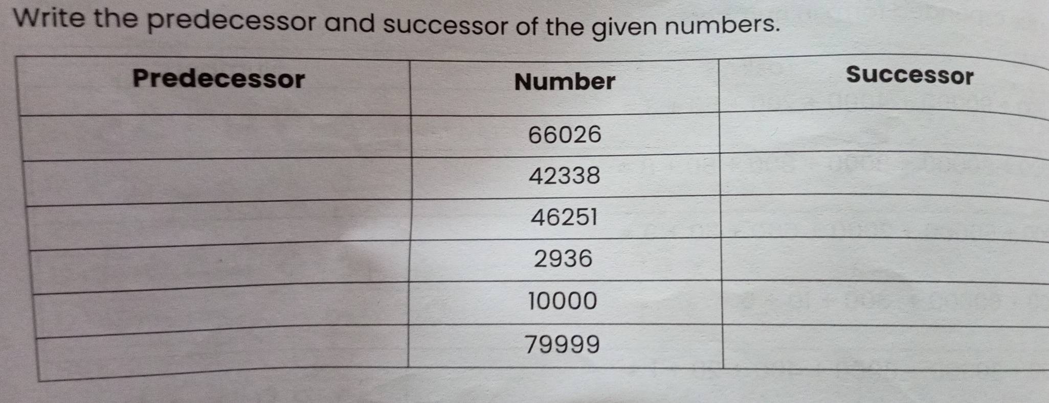 Write the predecessor and successor of the given numbers.