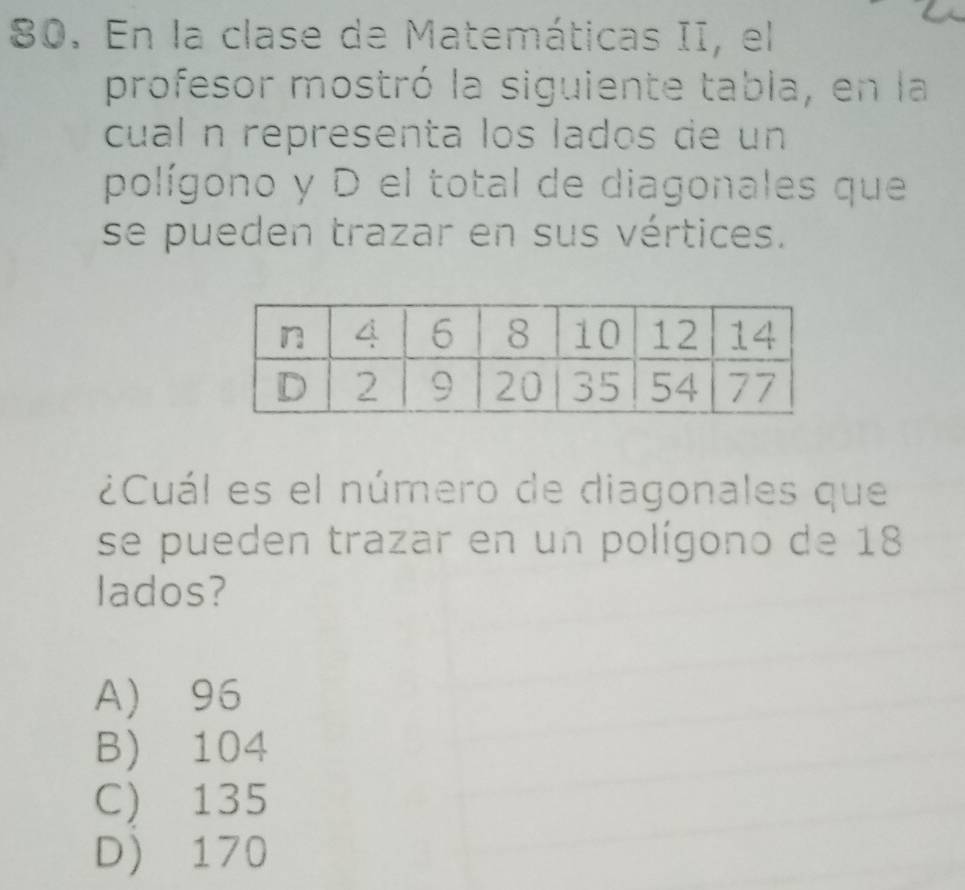 En la clase de Matemáticas II, el
profesor mostró la siguiente tabla, en la
cual n representa los lados de un
polígono y D el total de diagonales que
se pueden trazar en sus vértices.
¿Cuál es el número de diagonales que
se pueden trazar en un polígono de 18
lados?
A) 96
B) 104
C) 135
D 170